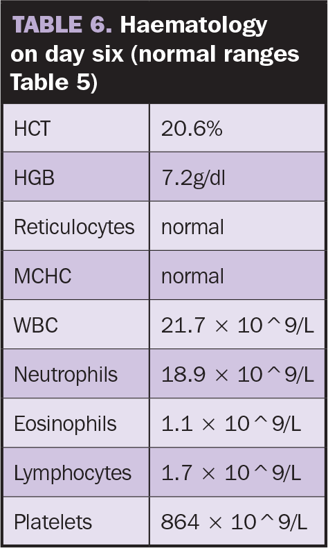 Table 6. Haematology on day six (normal ranges Table 5).