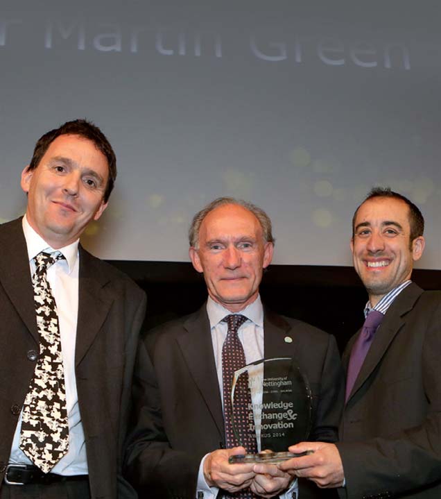 At the University of Nottingham's inaugural Knowledge Exchange Award ceremony held in June, 2014, a project titled "The Design and Implementation of a National Mastitis Control Plan for British Dairy Herds", led by Martin Green, won the Business Engagement category in the Faculty of Medicine and Health Sciences. Andrew Bradley (left) and Chris Hudson accept the award on behalf of the research team from vice-chancellor David Greenaway (centre).