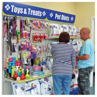 A visible retail display area offering various pet products at competitive prices – and with value-added service – will keep customers coming back to your practice to make these purchases.
