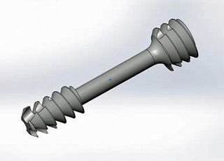 Figure 4a. A self-compressing titanium screw, designed by the authors (Veterinary Instrumentation) for treatment of incomplete ossification of the humeral condyle (IOHC) in springer spaniels and breeds of a similar size. The screw is placed using a specific step drill, which creates a bone void around the non-threaded mid-portion of the implant. The void is filled with a demineralised bone matrix (Veterinary Tissue Bank). 