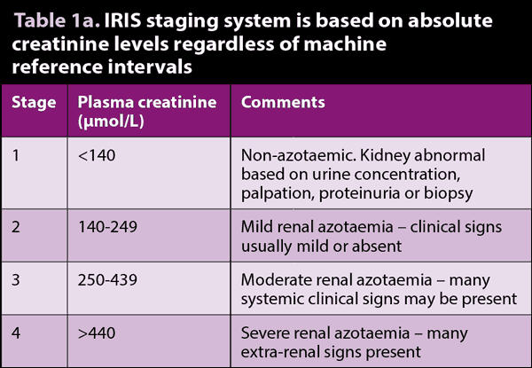 Table 1a. IRIS staging system is based on absolute creatinine levels regardless of machine reference intervals.