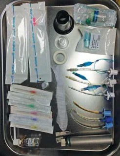 Figure 5. Tray of equipment ready for induction of anaesthesia, including heat and moisture exchange devices, dead space reducers and ET tubes of various sizes.