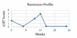 Figure 2. A graph monitoring the cLBT score of a dog. Zero to 1.92 is in remission, 1.93 to 3.28 is partial remission and 3.29 to five is out of remission.