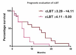 Figure 3. Dogs showing high cLBT values at the time of diagnosis for shorter times than dogs with lower week zero cLBT values.