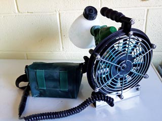 Figure 3. Handheld fans use battery power to aerosolise water-soluble vaccines. They produce particles 70 microns to 100 microns in width and can propel up to 3m.