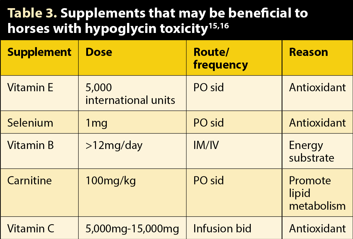 Table 3. Supplements that may be beneficial to horses with hypoglycin toxicity15,16