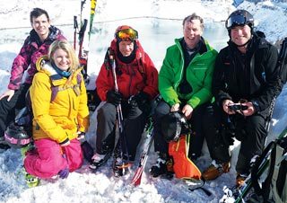 Awaiting transport after an epic off-piste run. From left: Jack Grove, Emily Atkinson, Martin Atkinson, Simon Cartwright and Stephen Grove.