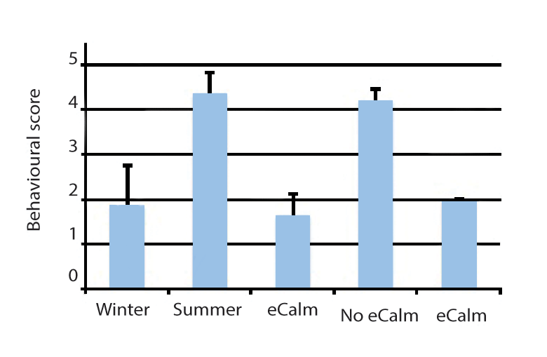 Figure 2. Mean behavioural scores in seven mares during winter anoestrus and summer oestrus, then during supplementation with eCalm, subsequent cessation and resumption of supplementation.
