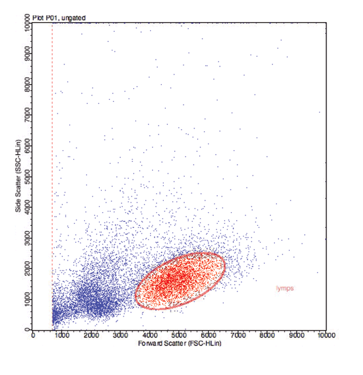 Figure 3a. Scatter plot comparing forward scatter (size) and side scatter (cell complexity) of cells. Events can be gated on this plot to assess fluorescence results for different populations of cells. The gated (red) events are the larger lymphoid cells.
