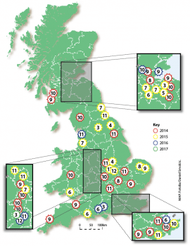 Figure 1c. Equine influenza (EI) outbreaks in the UK from 2014 to March 2017. EI vaccination status of infected horses from 2014 to 2017. Source: AHT International Collating Centre; http://bit.ly/2qusXc1 – Map: Fotolia/Daniel Smolcic.