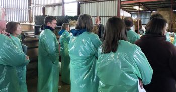 Figure 2. Delegates (in their fetching biosecurity gowns) learn about building design and ventilation.