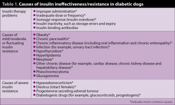 Table 1. Causes of insulin ineffectiveness/resistance in diabetic dogs