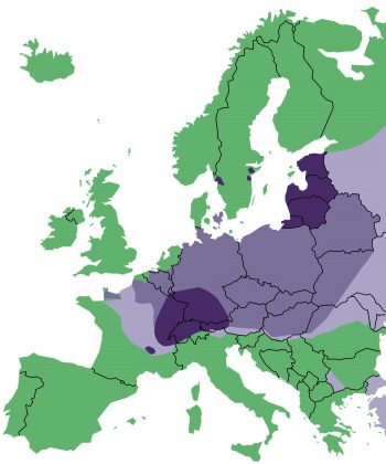 Figure 3. Range of Echinococcus multilocularis in foxes in Europe. IMAGE: Redrawn from European Scientific Counsel Companion Animal Parasites. MAP: Fotolia/pyty.