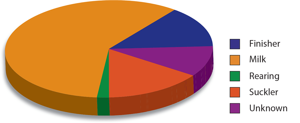 Figure 1. Pie chart showing the majority of diagnoses of infectious bovine rhinotracheitis in the UK are in dairy cattle.
