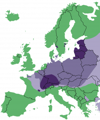 Figure 1. Range of Echinococcus multilocularis in foxes in Europe. The map shows an approximation of the parasite’s distribution in foxes, with the darker colour areas representing more prevalence. Redrawn from a 2014 European Scientific Counsel Companion Animal Parasites map.