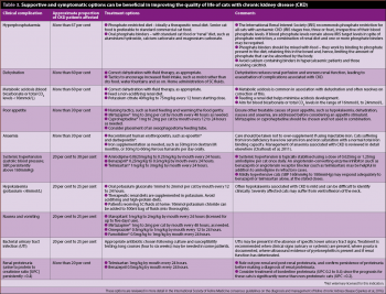 Table 3. Supportive and symptomatic options can be beneficial in improving the quality of life of cats with chronic kidney disease (CKD).