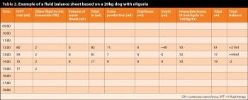 Table 2. Example of a fluid balance sheet based on a 20kg dog with oliguria.