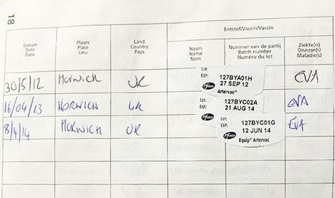 Figure 4. Vaccine page in horse’s passport indicating previous vaccination, but no recorded prevaccination serum neutralisation test result.