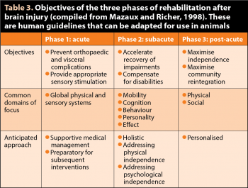 Table 3. Objectives of the three phases of rehabilitation after brain injury (compiled from Mazaux and Richer, 1998). These are human guidelines that can be adapted for use in animals.