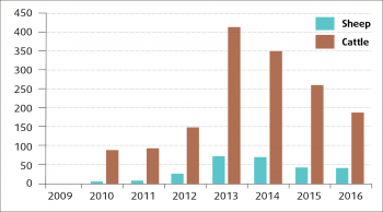 Figure 1. Annual pattern of diagnoses of rumen fluke in sheep and cattle from 2009 to 2016 (VIDA, 2016).