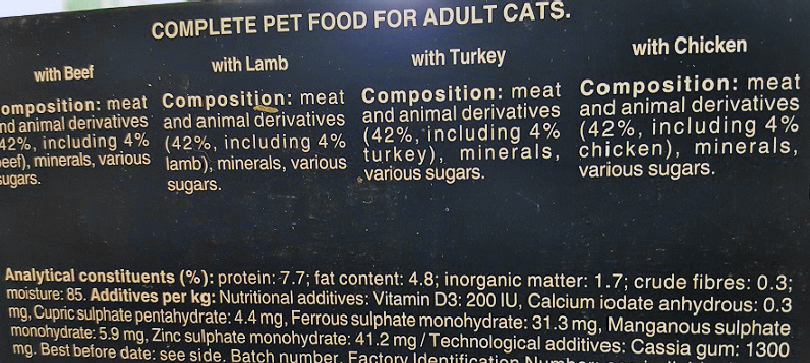 Pet food label.