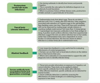 Figure 3. Diagnostics used to detect Fasciola hepatica infection in sheep. Liver function tests can be performed, which are non-specific tests. Glutamate dehydrogenase levels increase from two to three weeks post-infection and gamma-glutamyl transferase levels increase six to eight weeks post-infection. Hypoproteinaemia is common, particularly in chronic infections. Results should be considered in respect of F hepatica-specific tests.