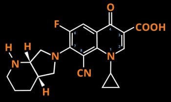 Figure 1. The chemical structure of pradofloxacin. CN = Carbon nitrogen, COOH = carboxylic acid , F = fluorine, H = hydrogen, N = nitrogen, O = oxygen.