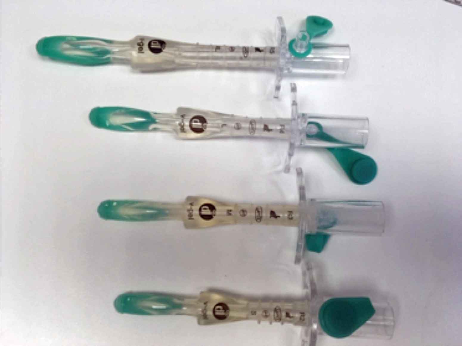 Figure 2. Different sizes of supraglottic airway devices. Selecting an appropriate size for your patient is very important as the position and seal over the glottis is vital in providing a successful patent airway. If you are going to use these in practice, always make sure you have a selection of sizes available – especially given the vast difference in size between breeds of rabbits. 