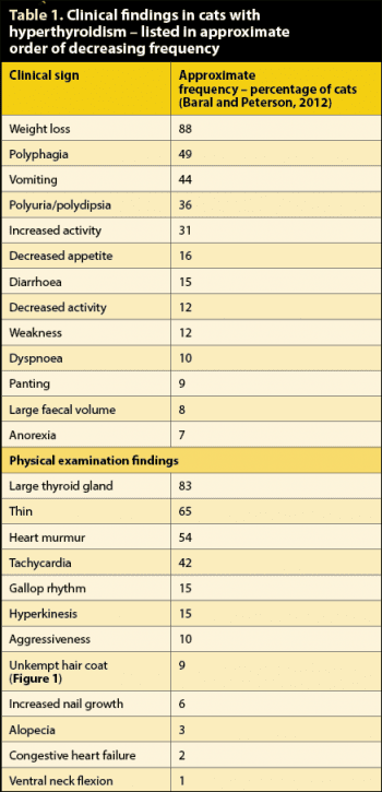 Table 1. Clinical findings in cats with hyperthyroidism – listed in approximate order of decreasing frequency