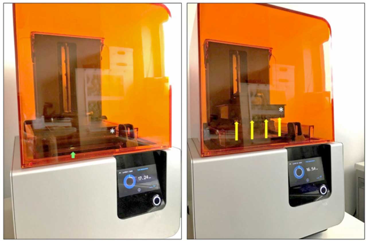 Figure 1. An example of a stereolitography printer. (1a) The build platform (*) moves down and dips in liquid resin, while a laser beam (arrow) cures the resin according to the shape of the computer-aided design file uploaded on to the printer. (1b) The build platform then moves back up (arrows), enabling all the extra liquid resin, which has not been cured (and hence will not adhere to the platform) to fall back in the resin tank. The printer then moves on to the next layer, repeating the exact same process.