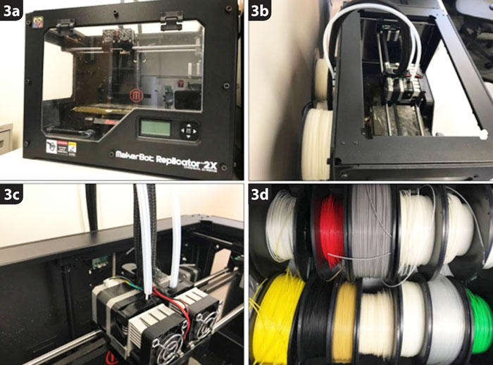 Figure 3. (3a) An overview of a fused deposition modelling printer (the MakerBot Replicator 2X). (3b) Spools of material (here, white nylon) are loaded on to the back of the printer. (3c) The nylon filaments are then fed into the extruding nozzles of the printer. (3d) Fused deposition modelling printers work with a wide range of standard thermoplastics, stored in spools.