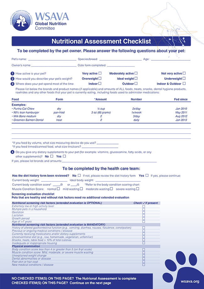 Figure 1. An example of a screening evaluation checklist for completion during a nutritional assessment. For full details and to download a nutritional assessment checklist, visit http://bit.ly/2LQkuQk