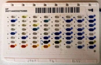 Figure 5. A bacteria identification card used by an automated analyser (Vitek 2). The card contains 64 wells, each with a different biochemical test, leading to a change in colour or turbidity.