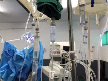 Figure 6. Fluid administration may require the use of pressure bags, multiple infusion lines and cannulas.