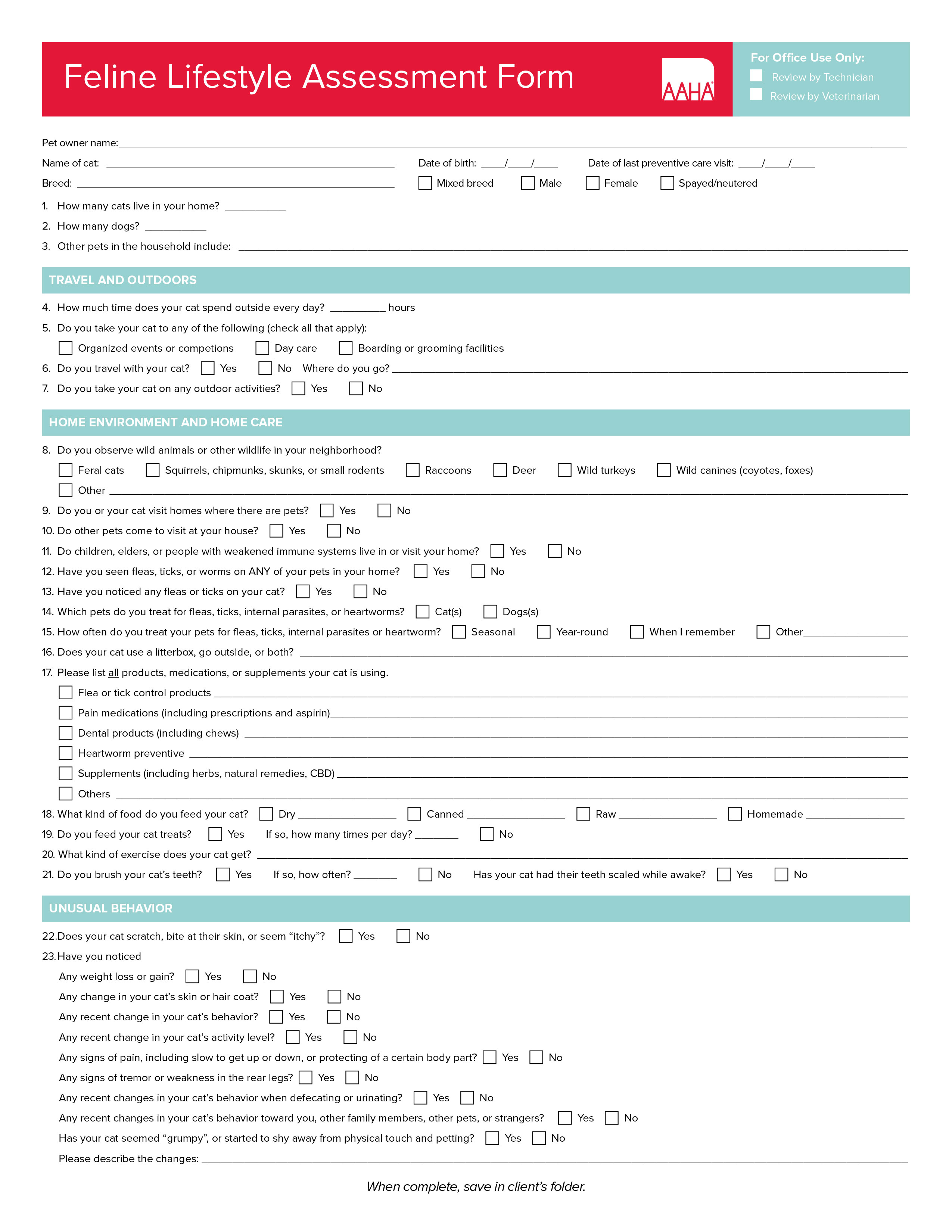 Figure 5. American Animal Hospital Association feline health assessment form.