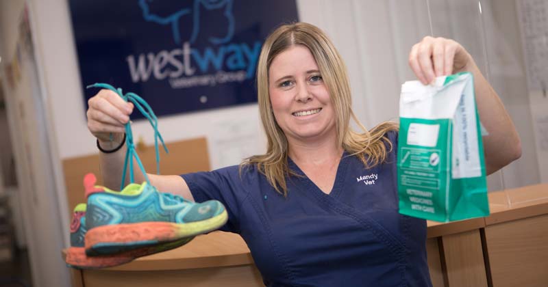 Vet-Mandy-Ball-with-running-shoes-and-pet-medication