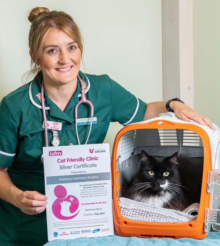 RVN Steph Block with Paddons Veterinary Surgeons’ International Society of Feline Medicine Cat Friendly Clinic silver award.
