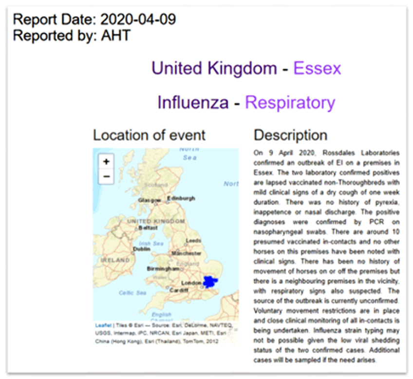 Figure 1. An example of an International Collating Centre real-time equine influenza outbreak report. Source: www.jdata.co.za/iccviewer