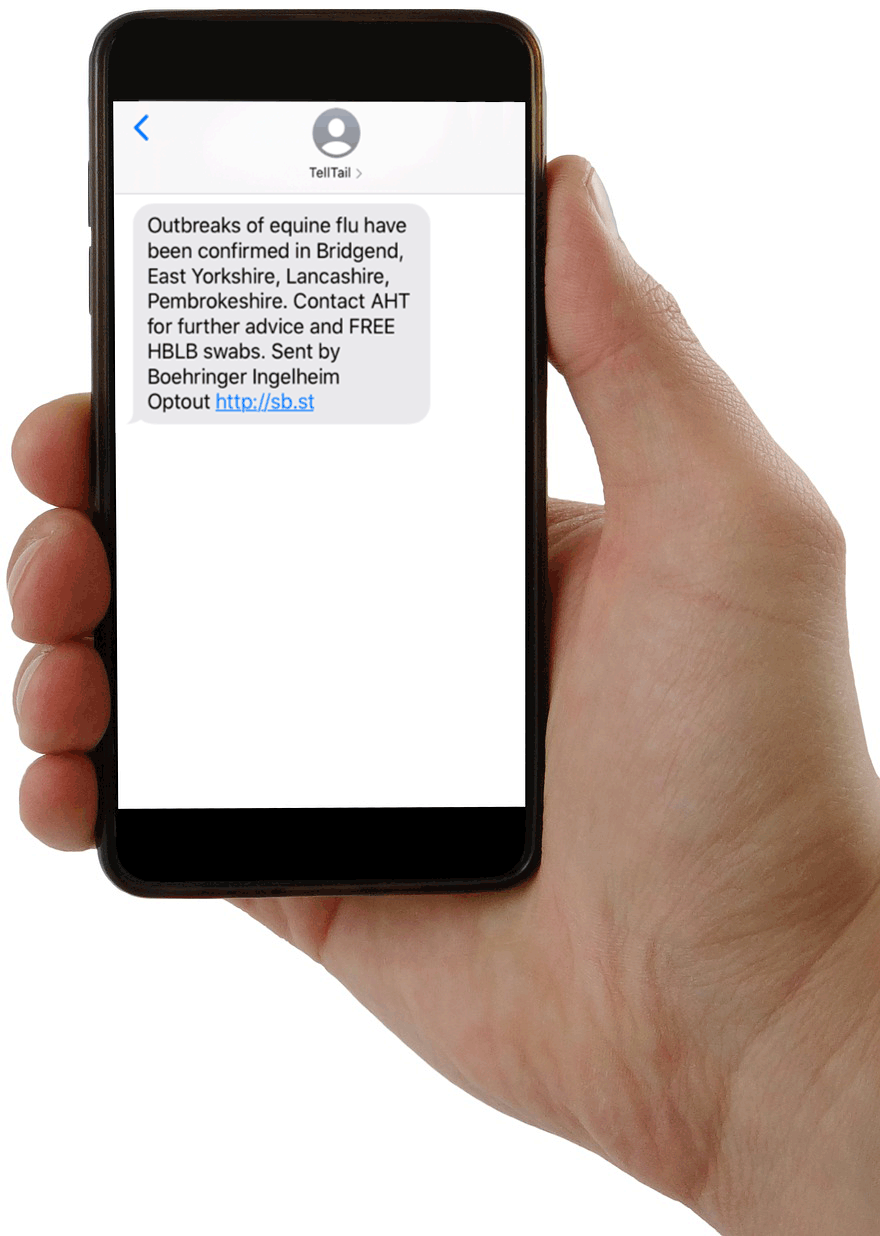 Figure 2. An example of a Tell-Tail text message alert reporting several laboratory‑confirmed outbreaks during the UK equine influenza epidemic in 2019.