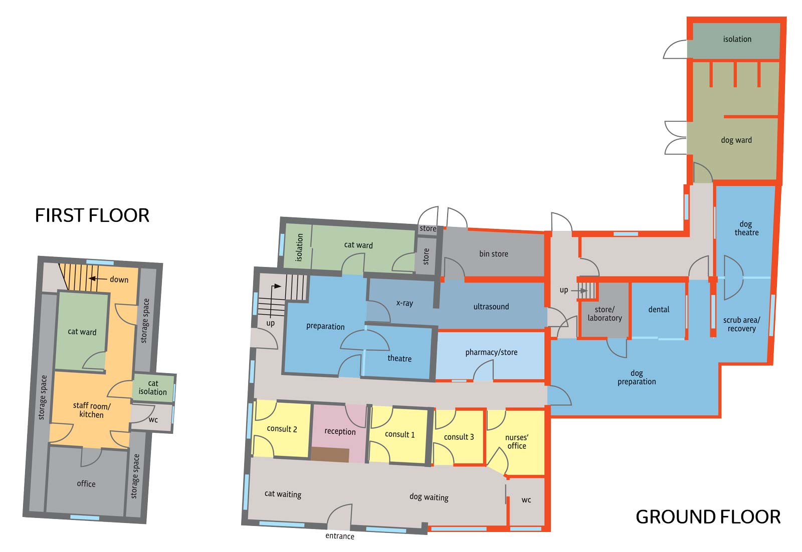 Floor plans of Henlow Veterinary Centre showing the expansion from the building work taking place (red area) to be completed in early 2021.