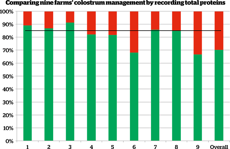 Figure 2. Benchmarking farms against each other allows a comparison of colostrum management. This graph shows five farms are reaching the target of 85% of calves having adequate colostrum.