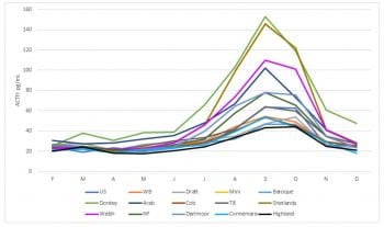 Monthly median adrenocorticotropic hormone distribution by breeds..