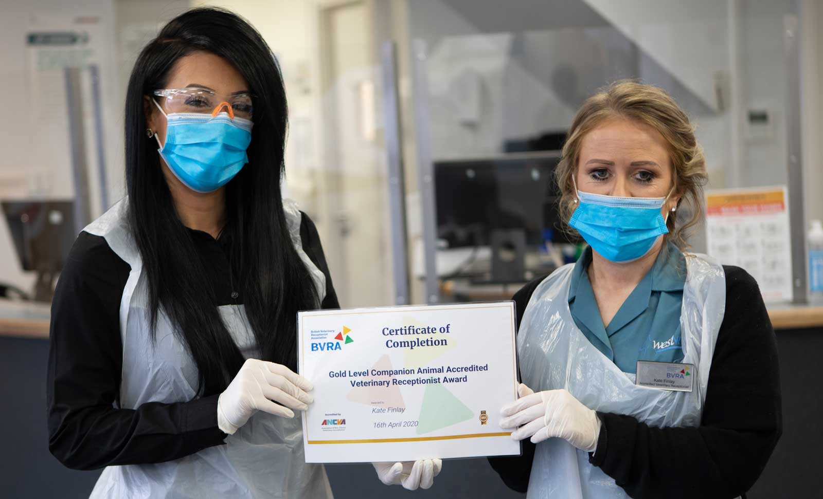 Kate Finlay (right) – who works at Westway Veterinary Group’s main hospital in West Road, Newcastle – has achieved gold status and is pictured with head receptionist Amy Laverick.