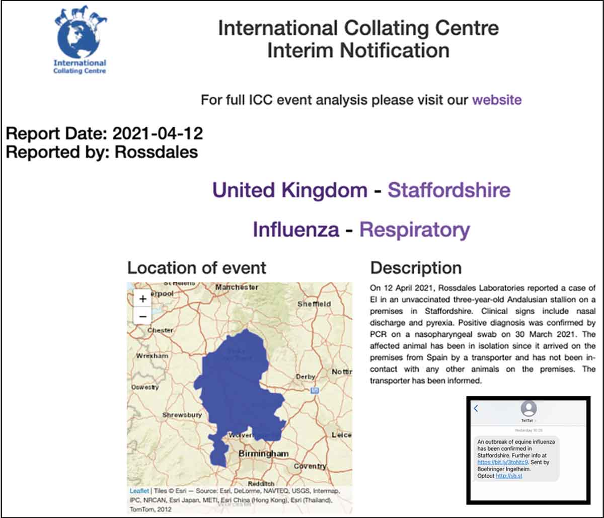 Figure 1. An example of a recent Tell-Tail text message alert for equine influenza (inset) and the accompanying outbreak information available through the International Collating Centre when the link is accessed.