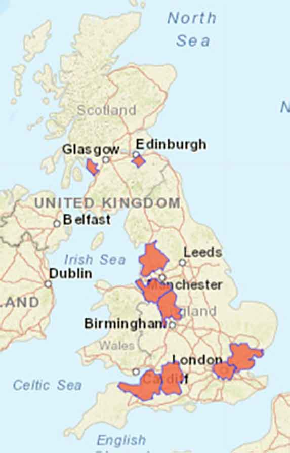 Figure 3. Choropleth map depicting the location of single equine influenza outbreak reports in nine counties of the United Kingdom for 1 December 2020 to 12 April 2021. Source: EquiFluNet.