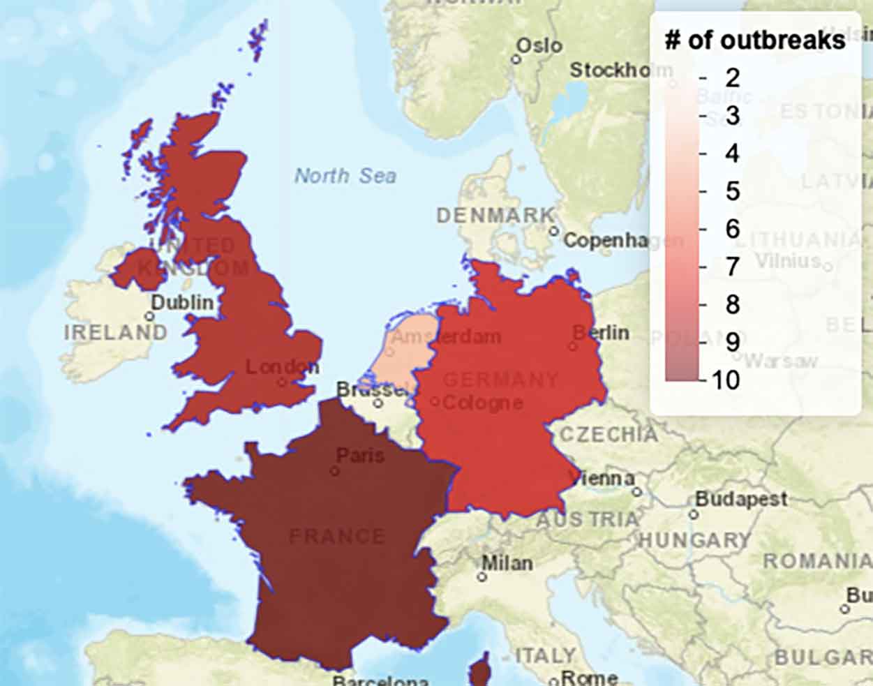 Figure 5. Choropleth map depicting the location and frequency of equine influenza outbreak reports in Europe for 1 December 2020 to 12 April 2021. Source: EquiFluNet.