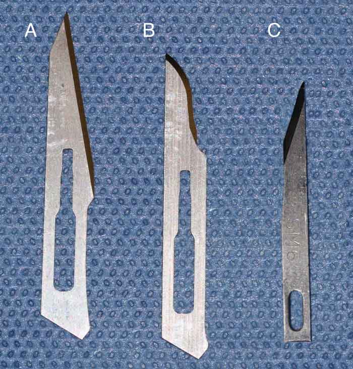Figure 8 (left). Bard-Parker scalpel blades No.11 (8a) and No.15 (8b), and Beaver blade No.65 (8c).