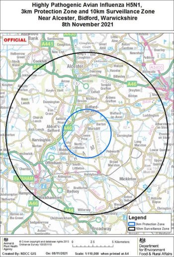 A 3km protection zone and 10km surveillance zone have been set up around Cleeve Prior following the confirmed case of H5N1 avian influenza.