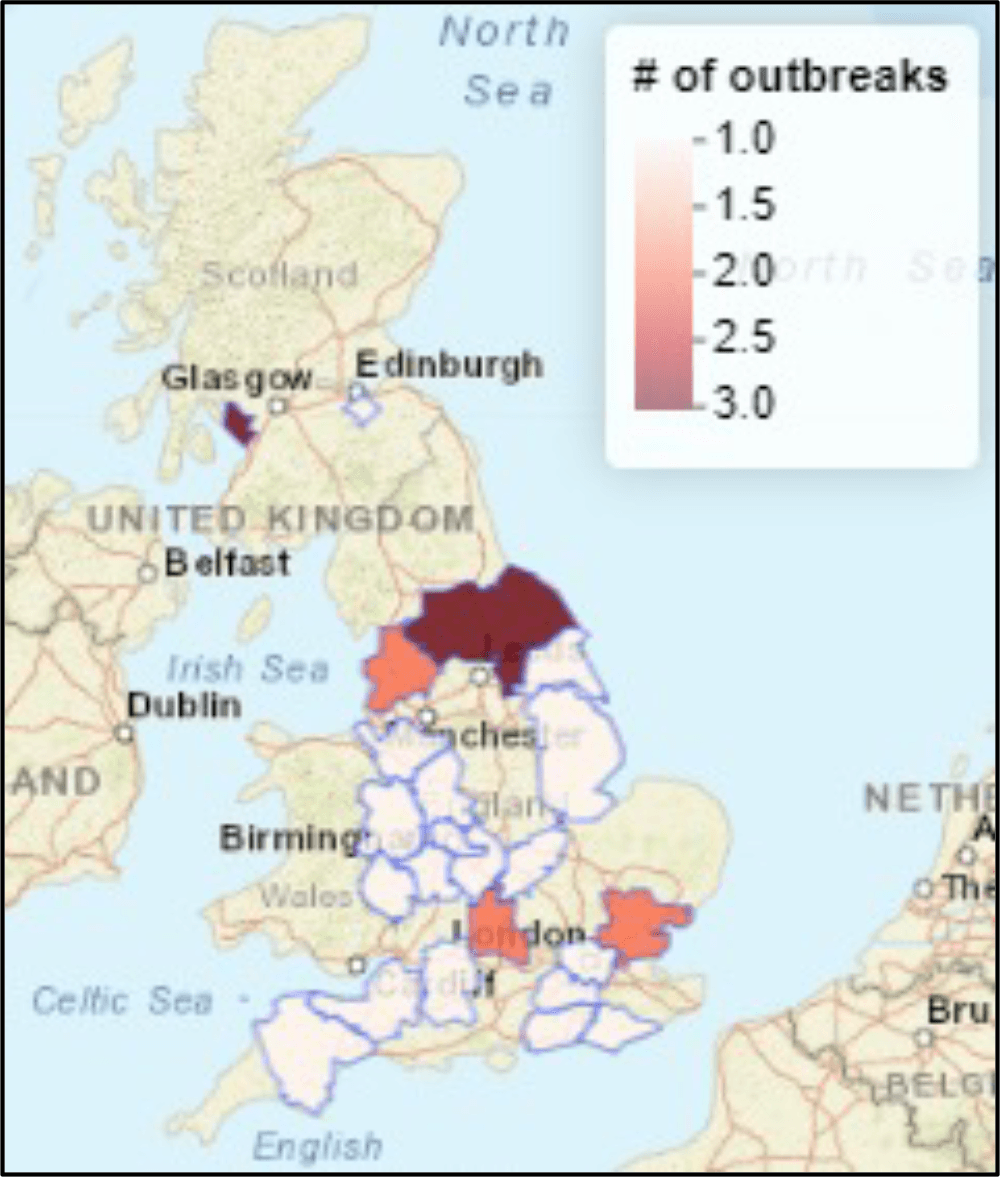 Figure 2b. Choropleth map depicting locations of single EI outbreak reports in 23 counties of the UK for 1 January 2021 to 31 December 2021 (www.equinesurveillance.org/equiflunet).