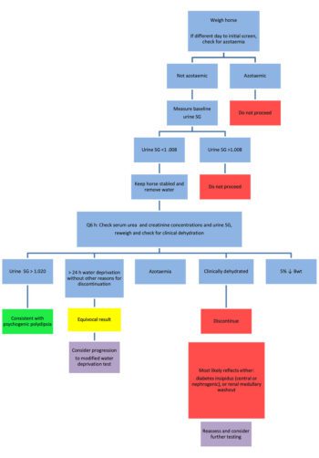 Figure 1. Water deprivation test. Aim = to assess renal concentrating ability. Begin only following prior assessment for renal failure, pituitary pars intermedia dysfunction and other systemic disease. Contraindicated if patient dehydrated or evidence exists of renal disease.